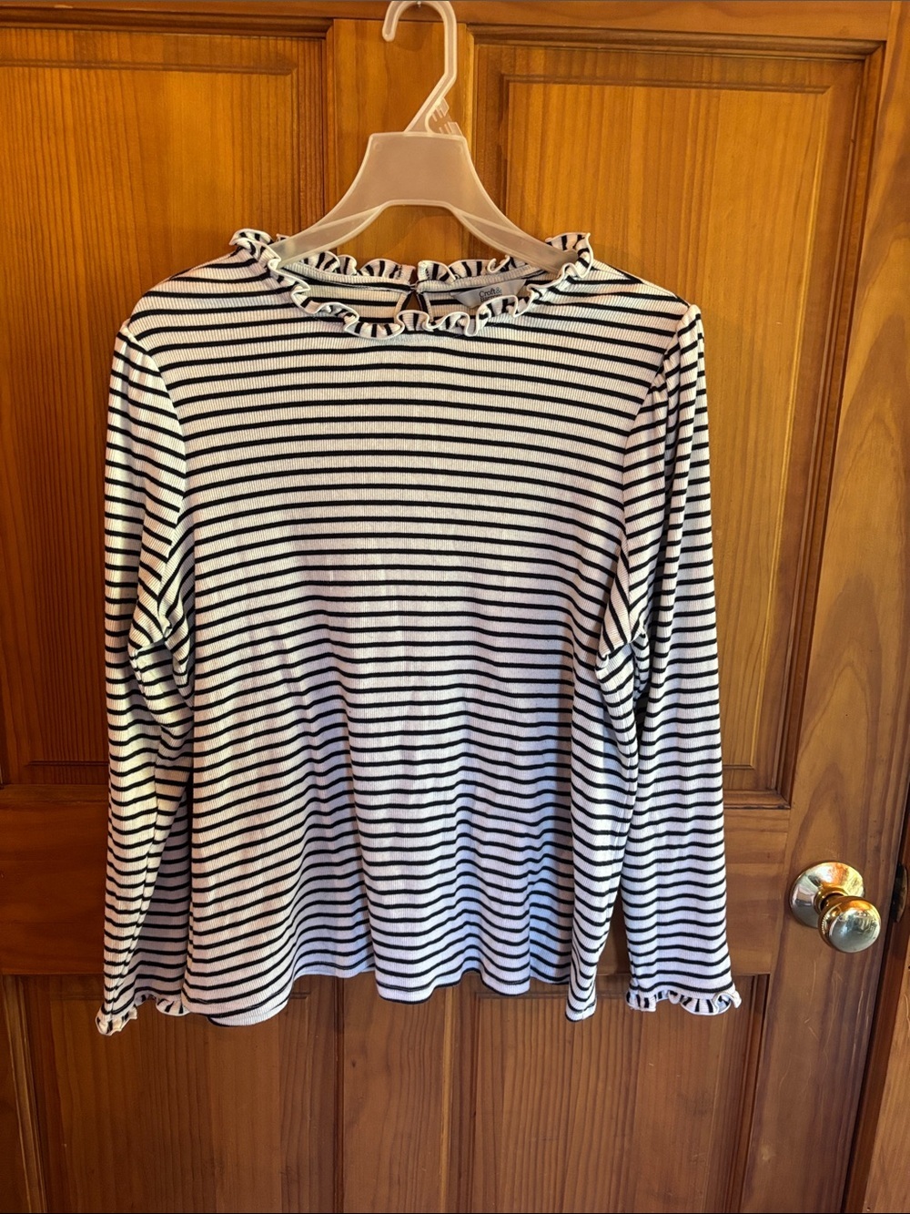 croft & barrow Black and White Striped Ruffle Neck Long Sleeve Top